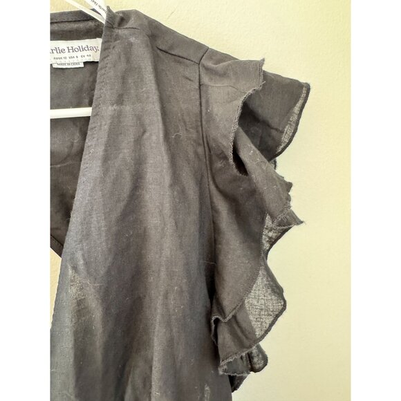 Charlie Holiday Black Ruffled Midi Cover-Up Dress Size 8 Linen Cotton Blend - Picture 9 of 11